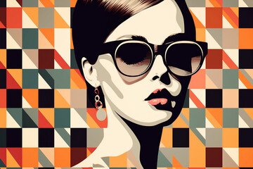 vintage poster of a woman wearing glasses, created with generative ai technology. 