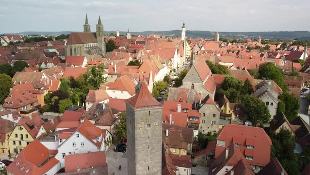Rothenburg ob der Tauber Bavaria Germany reverse drone aerial view.old city tour