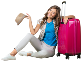 Young woman with travel bag on background