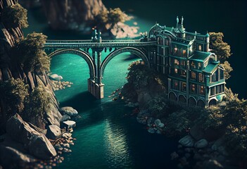 Emerald Town with bridge across the river - 3d rendering. Generative AI
