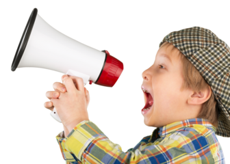 Little boy using megaphone shouting on white background
