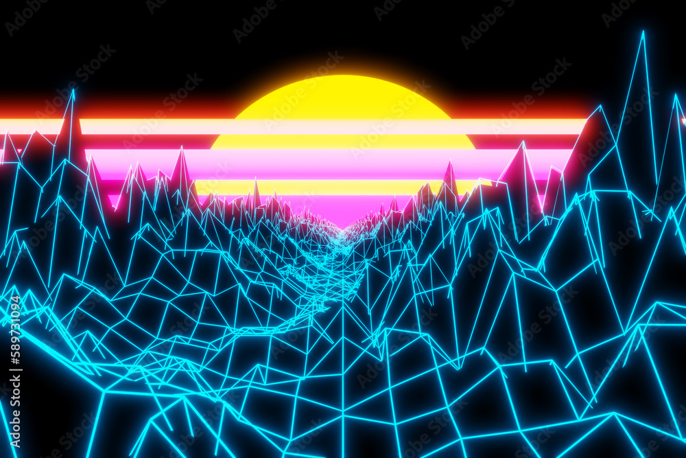 Poster 3d rendering, virtual reality, road from geometric lines between the mountains to the setting sun.de
