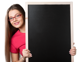 Portrait of beautiful young girl holding empty frame and looking at camera on a white background