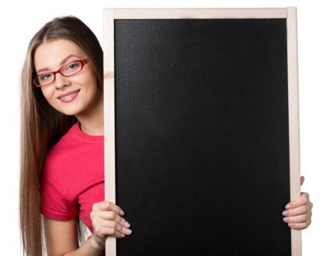 Portrait of beautiful young girl holding empty frame and looking at camera on a white background