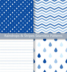 Set of seamless patterns of raindrops and stripes. Simple and basic droplets, zig zag stripes, and dashed horizontal stripes patterns.