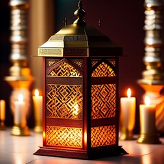 Ornamental Arabic lantern with burning candle glowing. Muslim holy month Ramadan Kareem. Ramadan crescent moon. generative ai