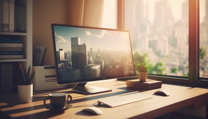 Office desk with laptop, coffee and flower. Modern business workplace.