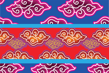 Motif Mega Mendung, batik motif typical of West Java Indonesia, curved line pattern with cloud objects, with developments and various artistic colors
