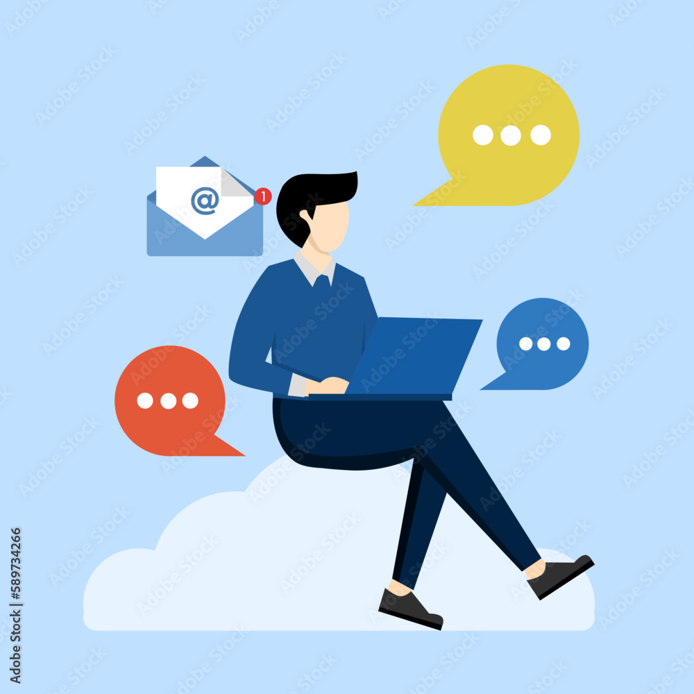 Poster cloud technology concept. office character and cloud technology. idea of modern digital technology a