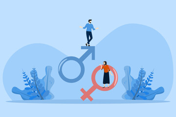 Gender business gap concept. Inequality between men and women in wages and career opportunities, Entrepreneurs and women stand on gender symbols. Discrimination against women. salary gap. - obrazy, fototapety, plakaty