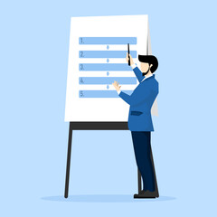 Procedure and workflow concept, planning process or sequence to complete a project, business outline for step by step, company standard or policy, businessman leader presenting workflow and procedure.