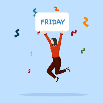 Happy friday concept, enjoy last working day and embrace weekend, employee routine work effort, happy lifestyle after long and stressful week, happy woman jumping while holding friday sign.