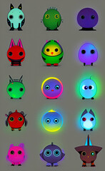 Fototapeta premium A set of cute colorful glowing monster characters isolated on a grey background. Generative AI illustration.