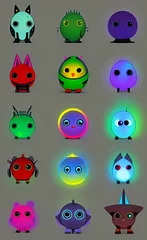 Fotobehang A set of cute colorful glowing monster characters isolated on a grey background. Generative AI illustration. © Hi-Point