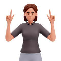 3d Illustration of Cartoon Girl Pointing Up With Both hand