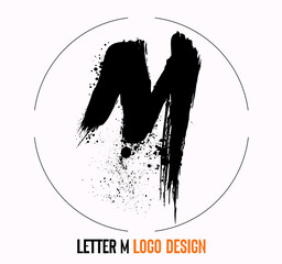 letter paint stroke symbol M, M Brush Stroke Letter Logo Design. Black Paint Logo Letter Icon with Elegant Vector Design. Hand scribble letter M logo - obrazy, fototapety, plakaty