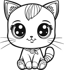 Cute cartoon cat or kitten. Baby pet in line drawing. Vector illustration isolated on white background. For printable children's and adults coloring page or book, kids toddler activity.