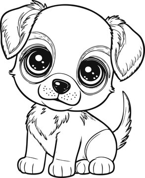 Cute cartoon dog or puppy. Baby pet in line drawing. Vector illustration isolated on white background. For printable children's and adults coloring page or book, kids toddler activity.