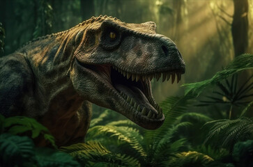 Tyrannosaurus or T-Rex staring out from the jungle burst. Generative AI