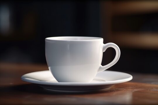 3D white blank mug or coffee cup mockup on a wooden table generative AI