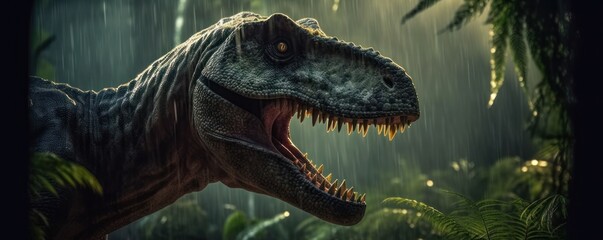 Tyrannosaurus or T-Rex staring out from the jungle burst. Generative AI