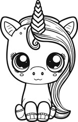 Cute cartoon unicorn. Magic horse in line drawing. Vector illustration on isolated white background. For printable children's and adults coloring page or book, kids toddler activity.