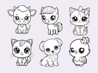 Set of cartoon farm animals - cat, dog, horse, cow, chick. Cute pets in line drawing. Vector illustration on isolated background. For printable children's coloring page or book, kids toddler activity.