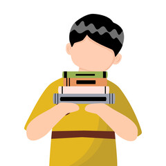 boy carrying pile of books