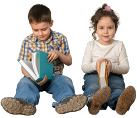 Little Girl and Boy Reading a Book, Isolated on Transparent Background