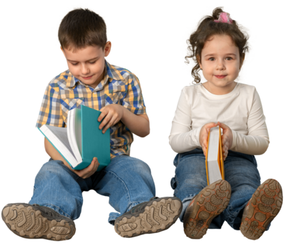 Little Girl and Boy Reading a Book, Isolated on Transparent Background