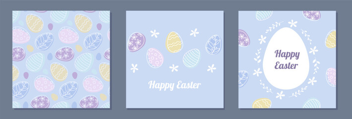 Easter square backgrounds set ornate eggs and floral pattern, border and frame in pastel colors