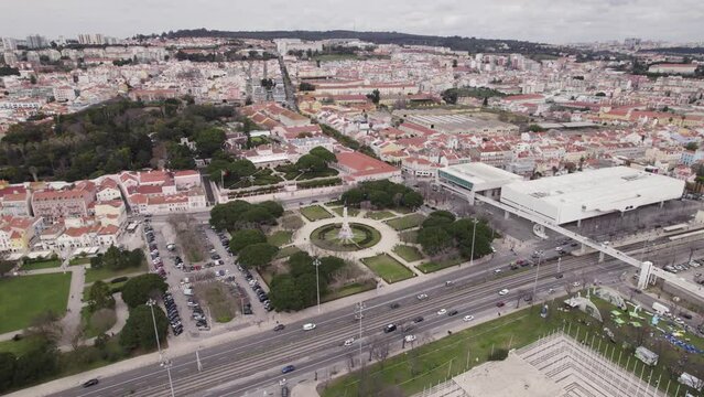 Aerial view overlooking Afonso de Albuquerque square alongside Av. Bras&iacute;lia and Portuguese vast cityscape