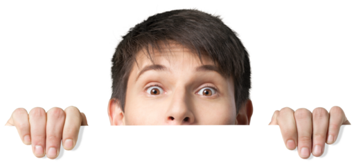 Young man peering over a blank sign