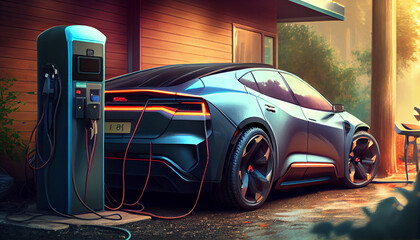 electric car plugged charging at standalone Ai generated Image