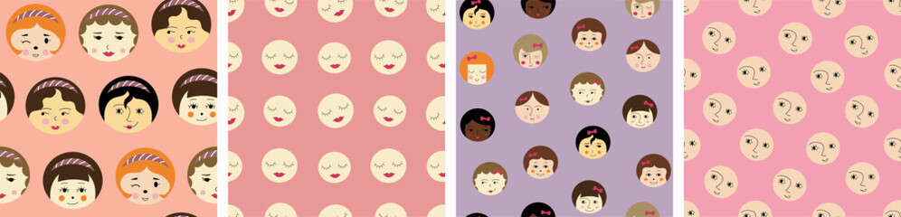 Four seamless patterns bundle, nice girlish faces. Continuous background, feminine image, stylish repeating design.