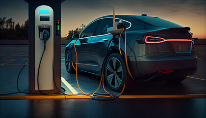 Fototapeta na wymiar electric car plugged charging at standalone Ai generated Image