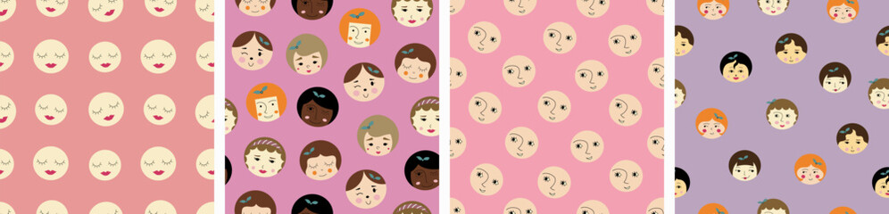 Four repeating patterns, sweet girlish faces. Endless backdrop, feminine countenance, simple cute shapes, flat vector.