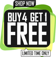 Buy 4 Get 1 Free, special offer, sale banner, discount tag, end of season, spend up and save more, app icon on transparent background, PNG illustration