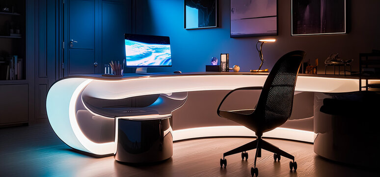 Futuristic work from home office space with a sci-fi look.. Ambient lights, modern design, wfm, remote work home space for business productivity (generative AI)