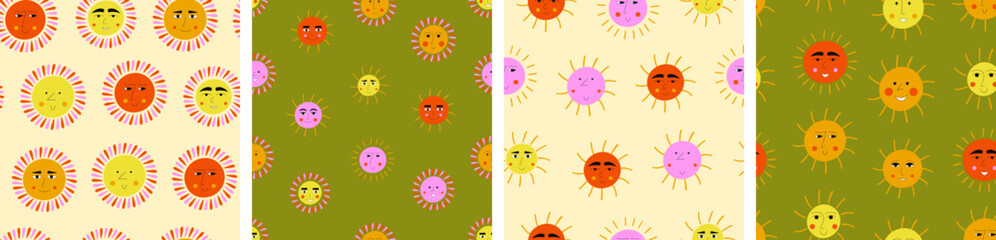 Four repeating patterns, joyful suns. Endless backdrop, colored smiley face, simple cute shapes, flat vector.