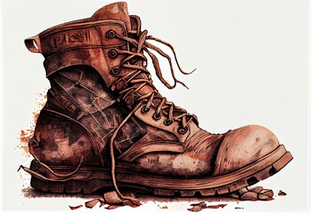 Old shabby boot color engraving style PNG illustration with transparent background. Generative AI
