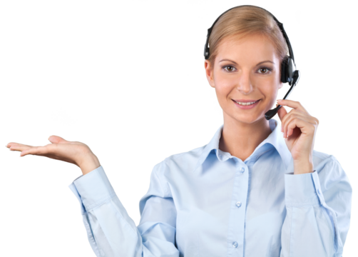 Close-up view of young woman face with headphones, call center or support concept