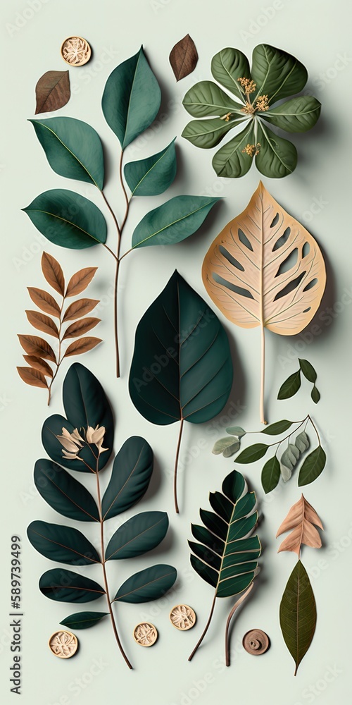 Poster leaf composition in flat lay generative ai