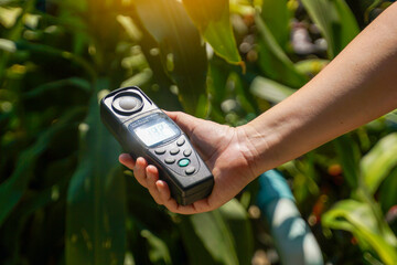 Light meter, Lux Light Meter in hand while measuring light intensity quantity and the brightness of...