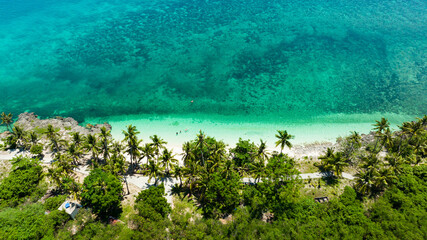 Fototapeta na wymiar Top view of tropical beach with palm trees. Virgin Island, Philippines.