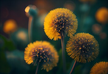AI generated image of full bloom dandelions with blurred background. Generative AI - obrazy, fototapety, plakaty