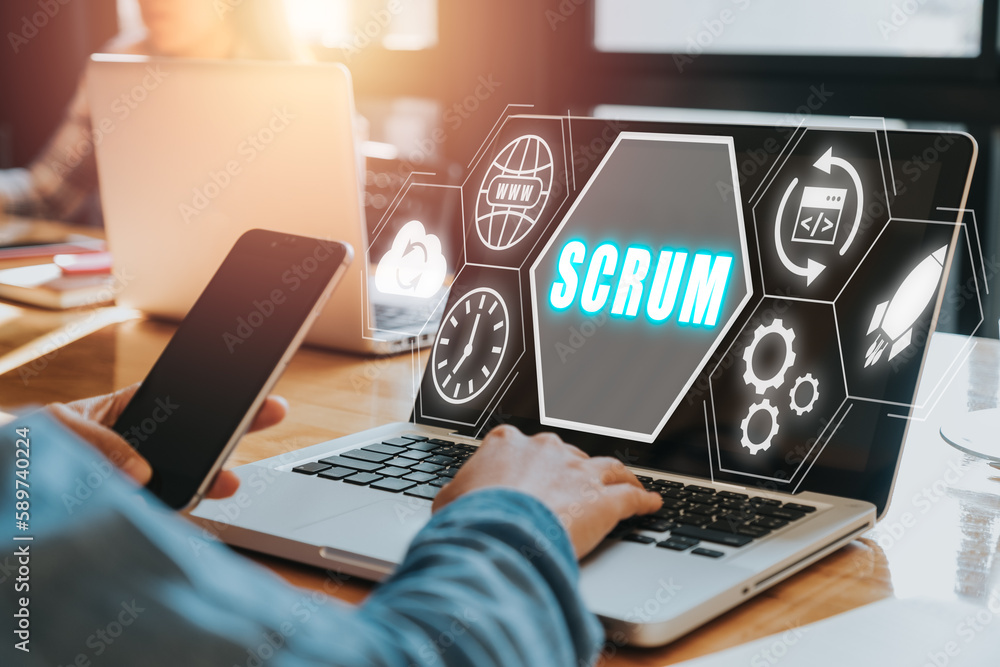 Poster scrum, woman hand using laptop computer with scrum icon on vr screen, agile development methodology.