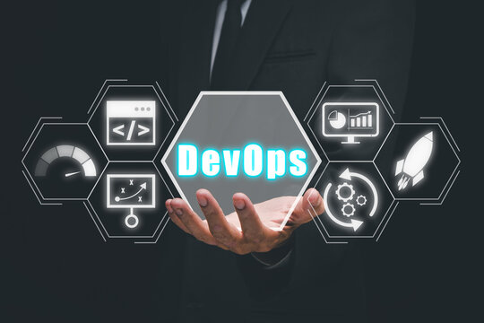 DevOps concept, Person hand holding DevOps icon on VR screen, Methodology development operations agil programming technology.concept.