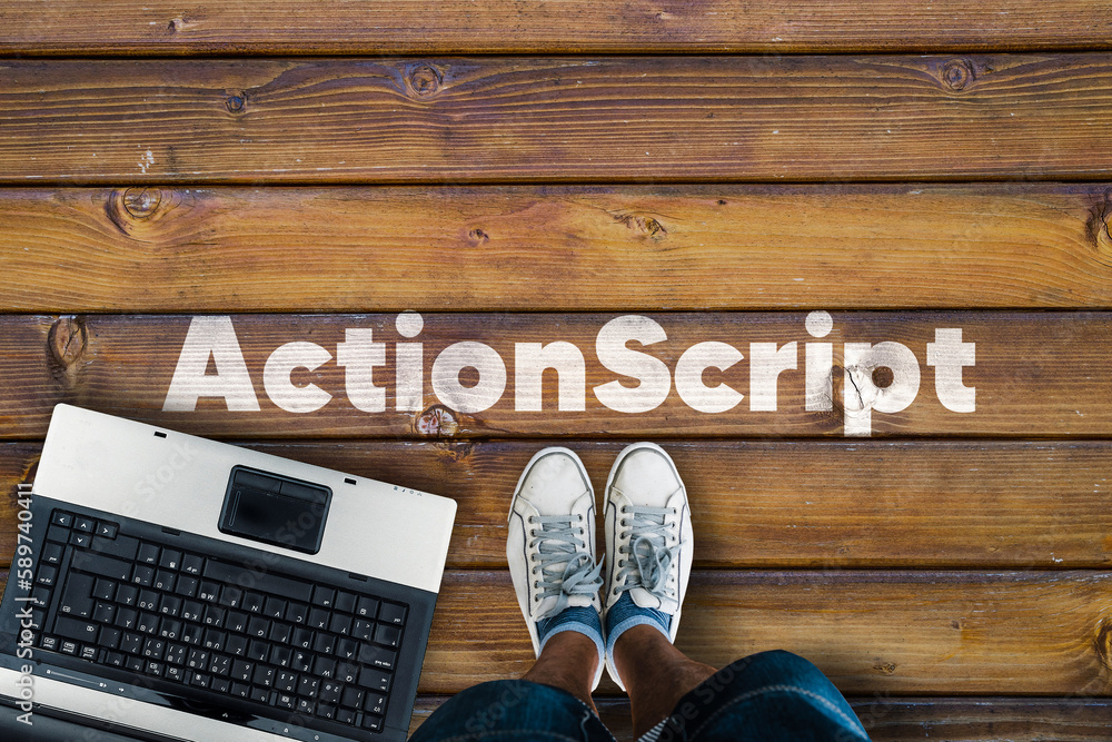 Poster Legs in sneakers standing next to laptop and  wordActionScript on wooden floor. ActionScript programming language. 
