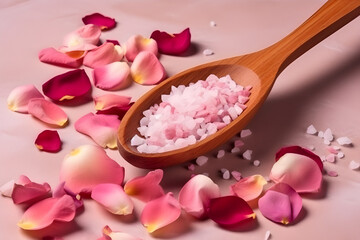 Obraz na płótnie Canvas Roses petals and wooden spoon on a pink salt, copy space, Generative AI